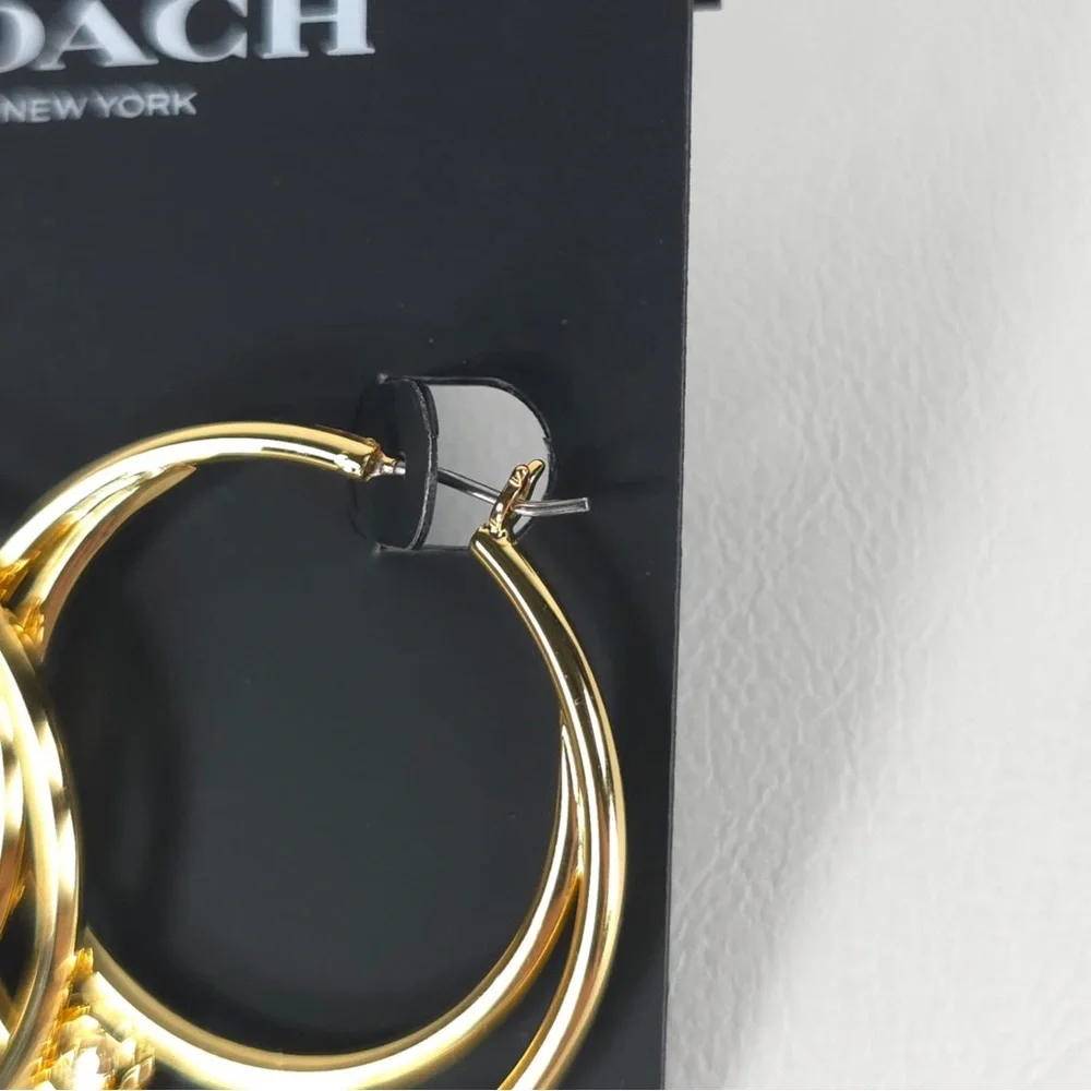 NWT COACH Women's Signature Double Hoop Gold Earrings with Cubic Zirconia Detail - Picture 10 of 13